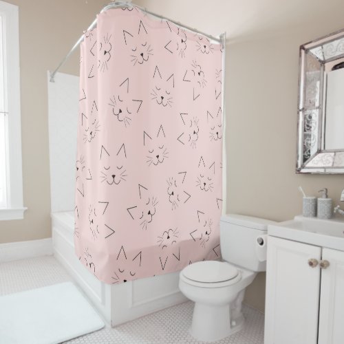 Cute Girly Black Kitty Cat Face Pink Pattern Shower Curtain