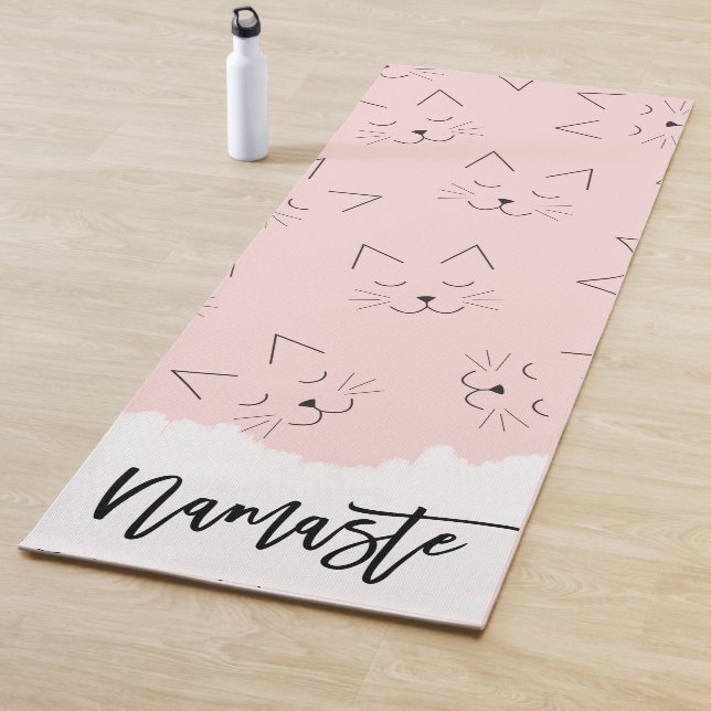 Cute Girly Black Kitty Cat Face Pink Pattern Yoga Mat (In Situ)