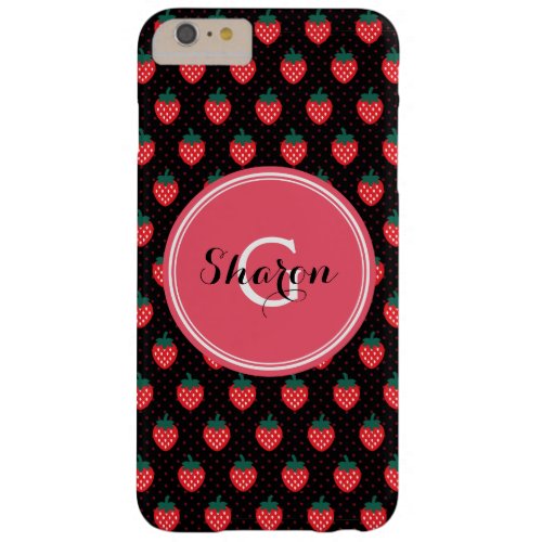 Cute girly black pink strawberry patterns monogram barely there iPhone 6 plus case