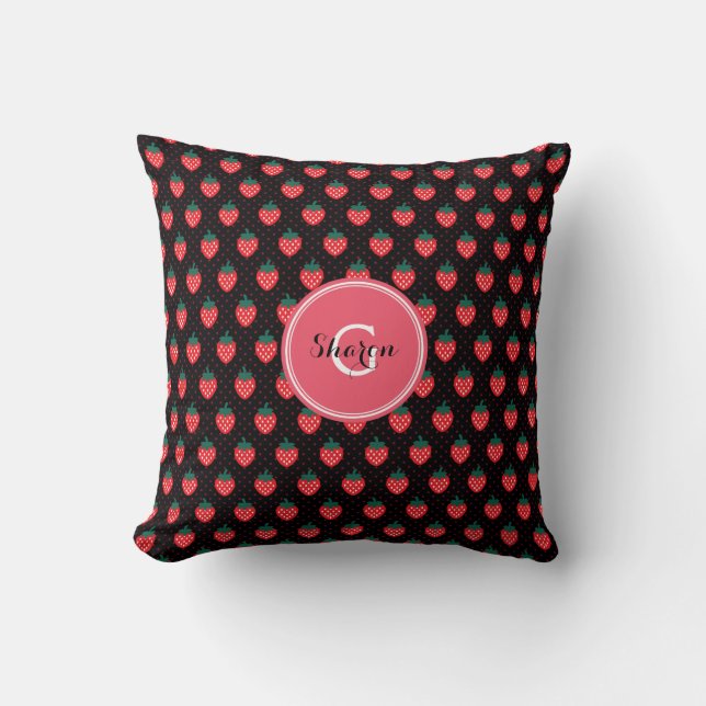 Cute girly black pink strawberry patterns monogram throw pillow (Front)