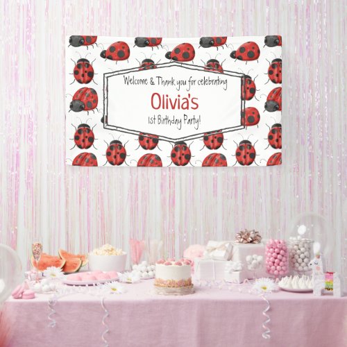 Cute Girly Black Red Watercolor Ladybug Pattern Banner