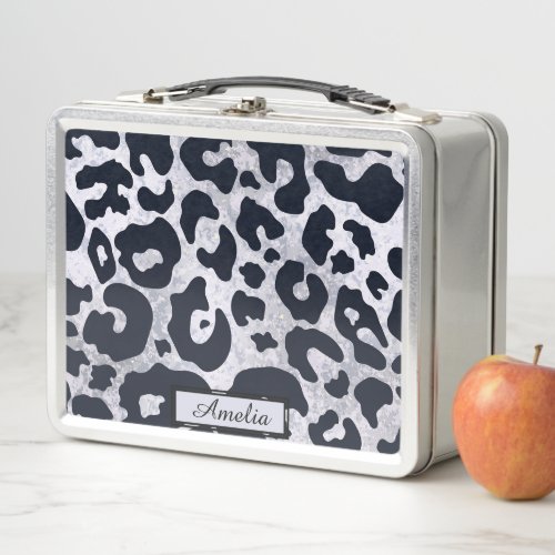 Cute Girly Black  Silver Leopard Print Custom Metal Lunch Box