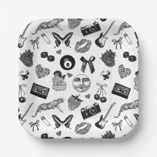 Cute Girly Black White Aesthetic Pattern Paper Plates
