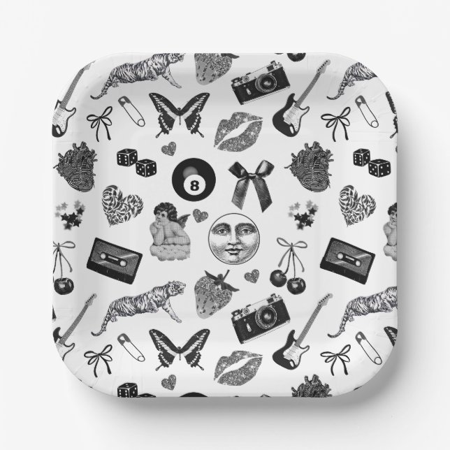 Cute Girly Black White Aesthetic Pattern Paper Plates (Front)