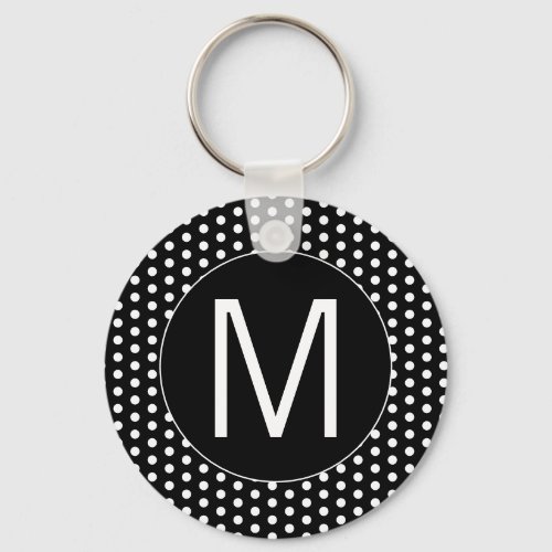 Cute Girly Black White Polka Dot Monogram Initial Keychain