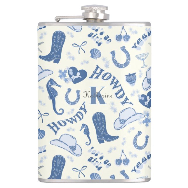 Cute Girly Blue Coastal Cowgirl Name Monogram Flask (Front)