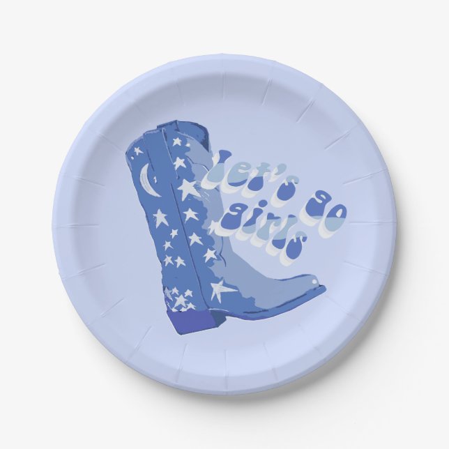 Cute Girly Blue Cowgirl Boot Paper Plates (Front)