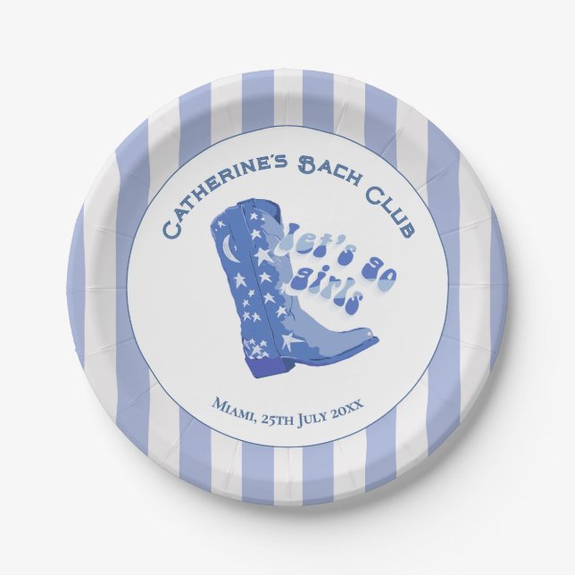 Cute Girly Blue Cowgirl Boot Stripe Paper Plates (Front)