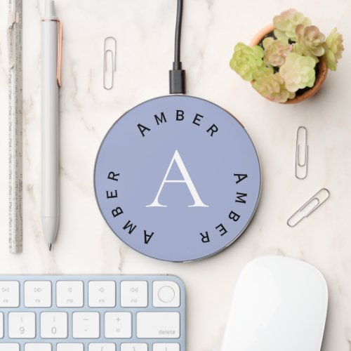 Cute Girly Blue Monogram Name  Initial Wireless Charger