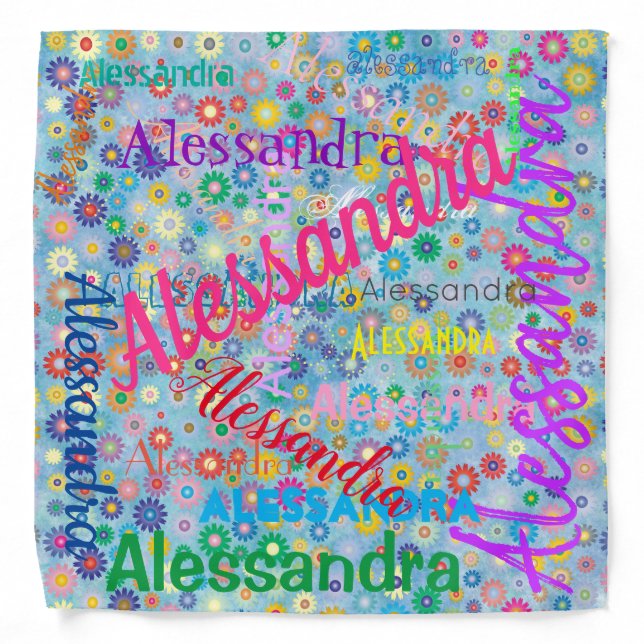 Cute Girly Blue Name Collage with Flowers Fun Bandana (Front)