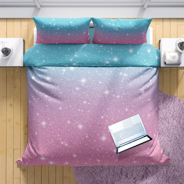 Cute Girly Blue Pink Faux Glitter Sparkles Duvet Cover (Pink and blue duvet with glitter sparkle print)