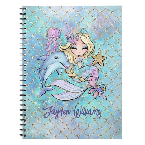 Cute Girly Blue Pink Mermaid Back School Girl Name Notebook