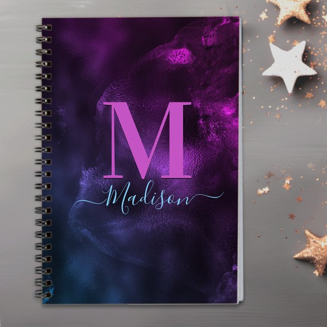Cute girly blue purple marble art monogram  notebook (Creator Uploaded)