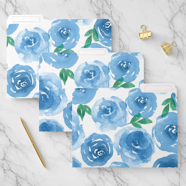 Cute Girly Blue Rose Watercolor Floral Pattern File Folder | Zazzle