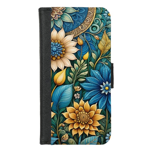 Cute Girly Blue Sunflower Garden Abstract Art  iPhone Wallet Case (Front)