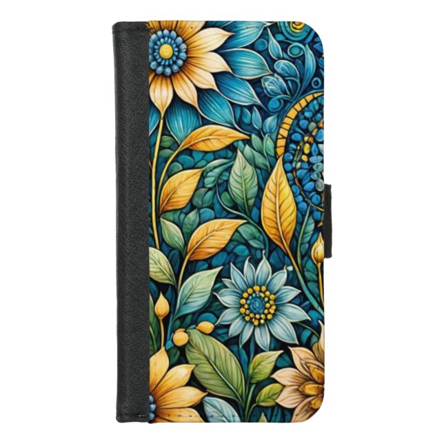 Cute Girly Blue Sunflower Garden Abstract Art  iPhone Wallet Case (Front)