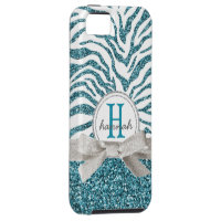 Cute Girly Blue Zebra Monogram  Faux Glitter iPhone SE/5/5s Case