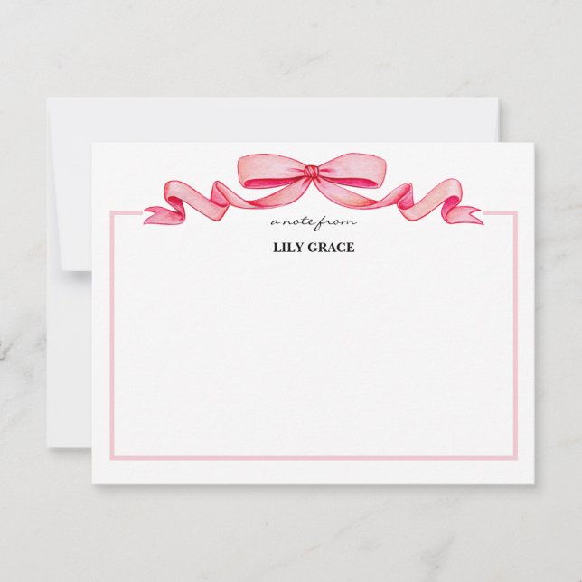 Cute Girly Blush Pink Bow Ribbon Frame  Note Card (Front)