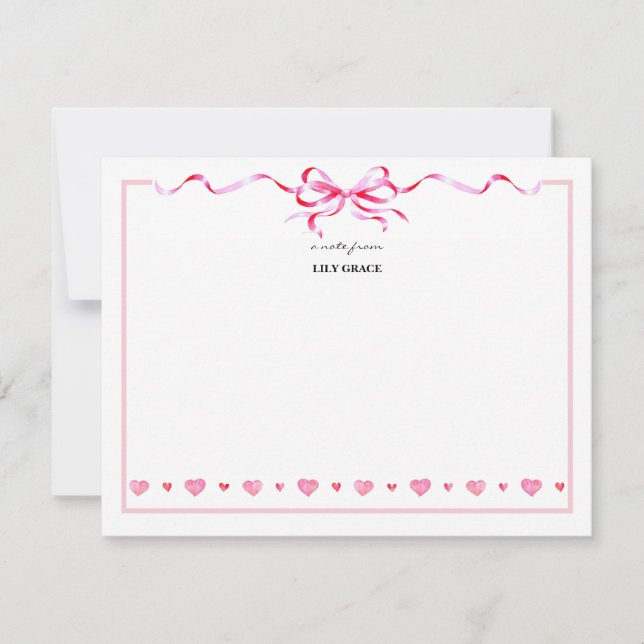 Cute Girly Blush Pink Bow Ribbon Frame Note Card (Front)