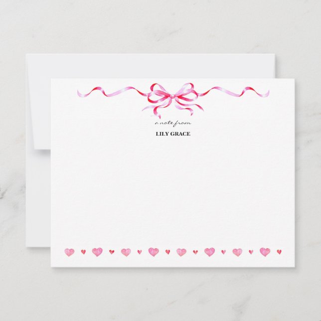 Cute Girly Blush Pink Bow Ribbon Frame Note Card (Front)