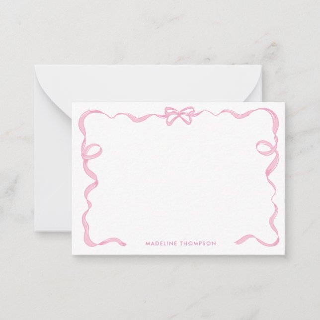 Cute Girly Blush Pink Bow Ribbon Frame Note Card (Front)