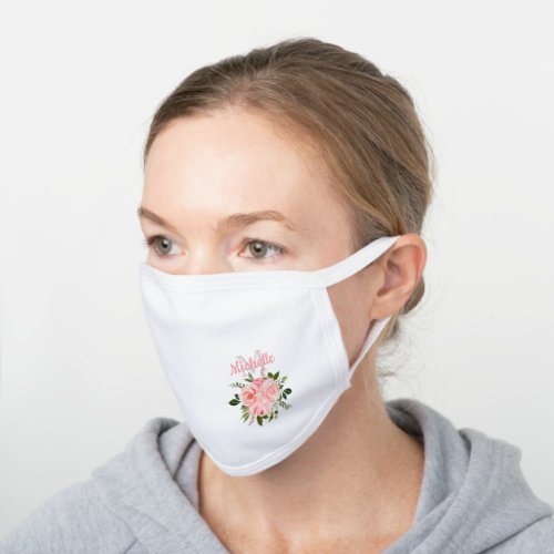 Cute Girly Blush Pink Floral Personalized Name White Cotton Face Mask