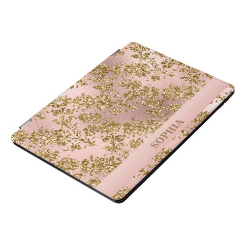 Cute Girly Blush Pink Glitter Sparkle Damask Name  iPad Pro Cover