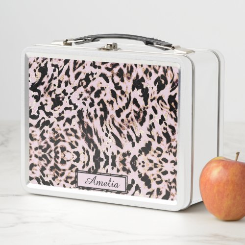 Cute Girly Blush Pink Gold Leopard Print Custom Metal Lunch Box