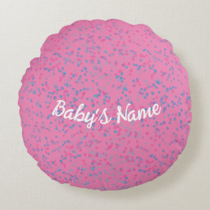 Cute Girly Blush Pink Pastel Blue Dot White Script Round Pillow