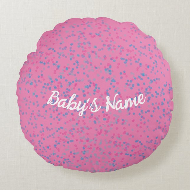 Cute Girly Blush Pink Pastel Blue Dot White Script Round Pillow (Front)