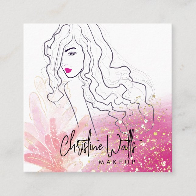 Cute Girly Blush Pink Sparkly Glitter Makeup QR Square Business Card (Front)