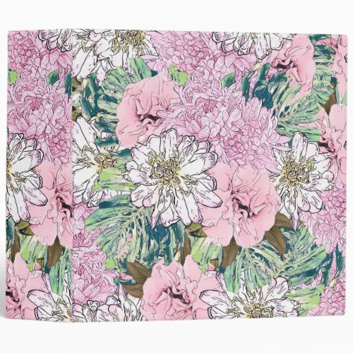 Cute Girly Blush Pink  White Floral Illustration 3 Ring Binder