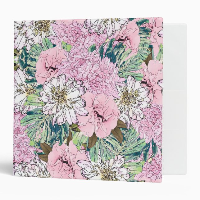 Cute Girly Blush Pink & White Floral Illustration 3 Ring Binder (Front/Inside)