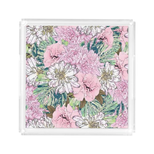 Cute Girly Blush Pink  White Floral Illustration Acrylic Tray