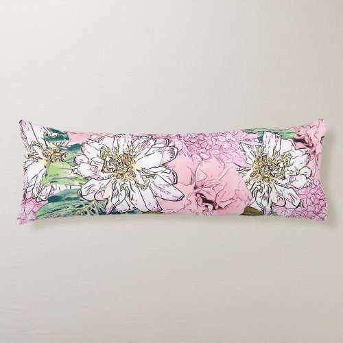 Cute Girly Blush Pink  White Floral Illustration Body Pillow