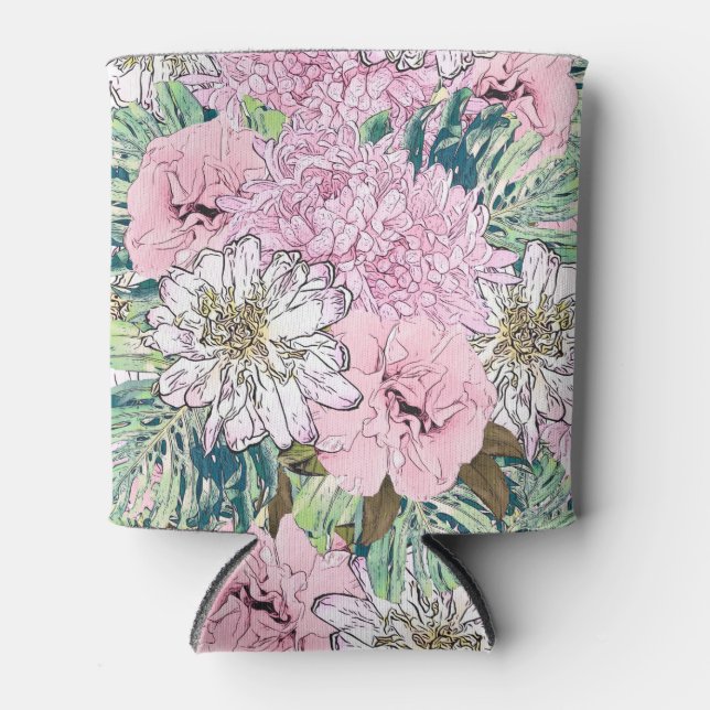 Cute Girly Blush Pink & White Floral Illustration Can Cooler (Front)