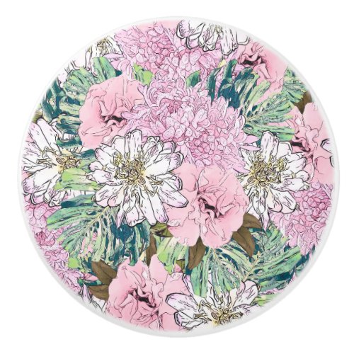 Cute Girly Blush Pink  White Floral Illustration Ceramic Knob
