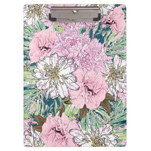 Cute Girly Blush Pink  White Floral Illustration Clipboard