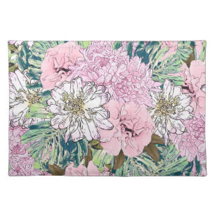 Cute Girly Blush Pink & White Floral Illustration Cloth Placemat