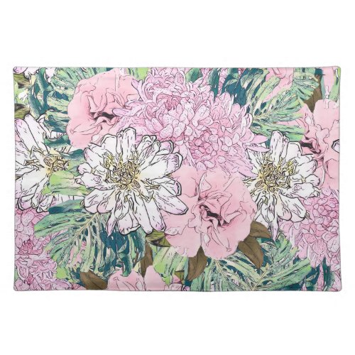 Cute Girly Blush Pink  White Floral Illustration Cloth Placemat