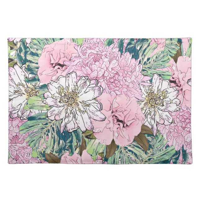 Cute Girly Blush Pink & White Floral Illustration Cloth Placemat (Front)