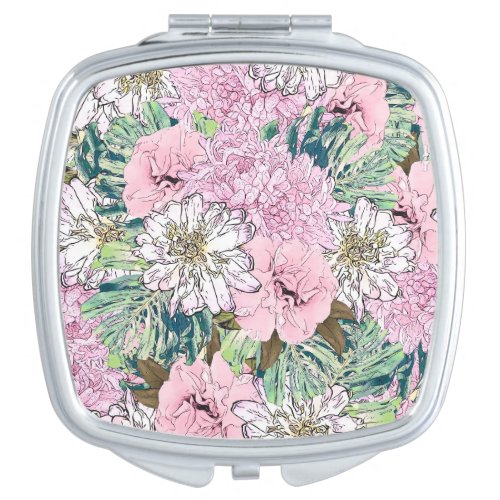 Cute Girly Blush Pink  White Floral Illustration Compact Mirror