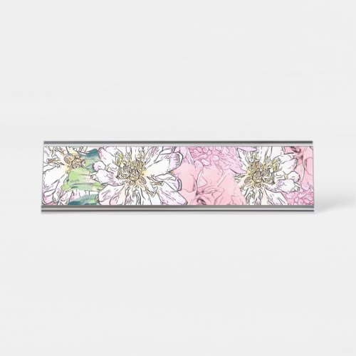 Cute Girly Blush Pink  White Floral Illustration Desk Name Plate