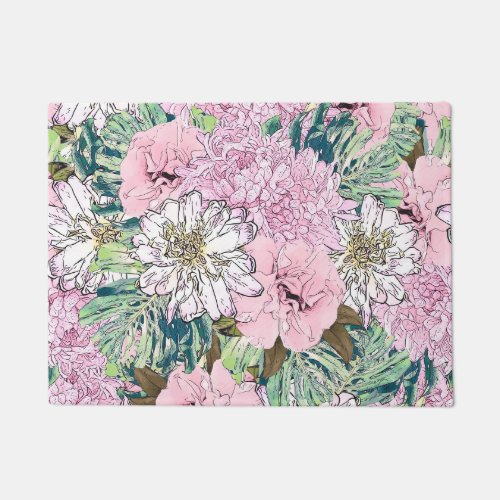 Cute Girly Blush Pink  White Floral Illustration Doormat