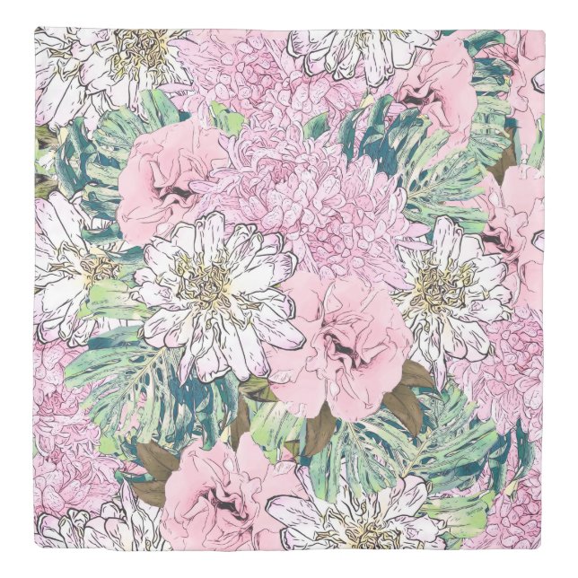 Cute Girly Blush Pink & White Floral Illustration Duvet Cover (Front)