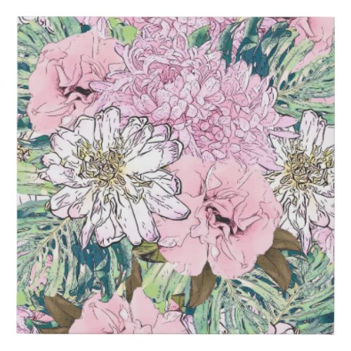 Cute Girly Blush Pink  White Floral Illustration Faux Canvas Print