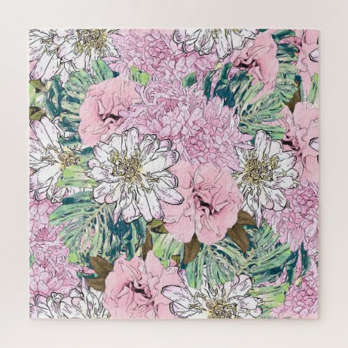 Cute Girly Blush Pink  White Floral Illustration Jigsaw Puzzle