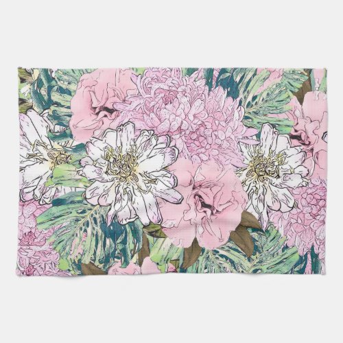 Cute Girly Blush Pink  White Floral Illustration Kitchen Towel