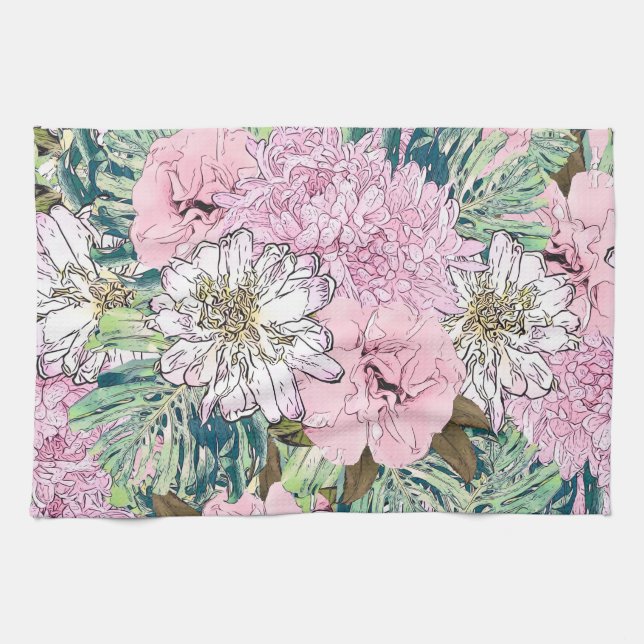 Cute Girly Blush Pink & White Floral Illustration Kitchen Towel (Horizontal)