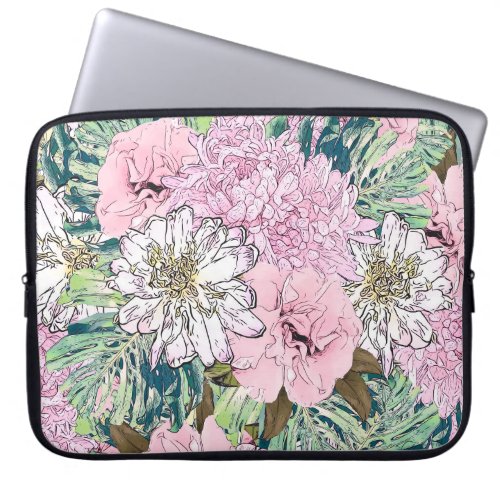 Cute Girly Blush Pink  White Floral Illustration Laptop Sleeve